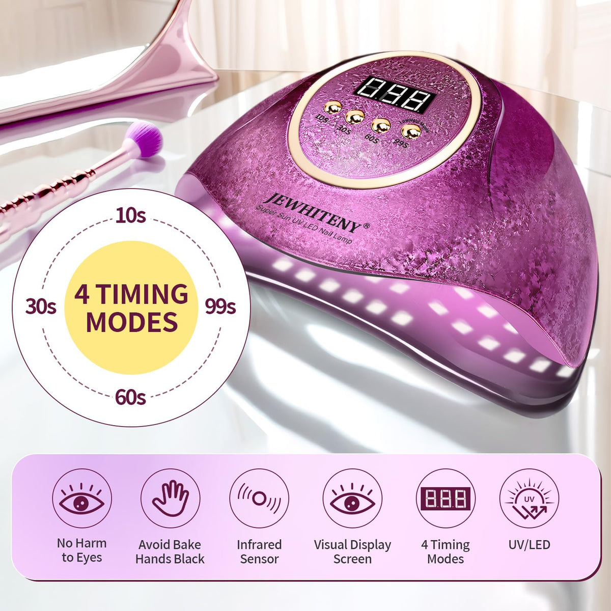 JEWHITENY Pink U V Nail Lamp 66 LEDs close-up for fast gel curing.