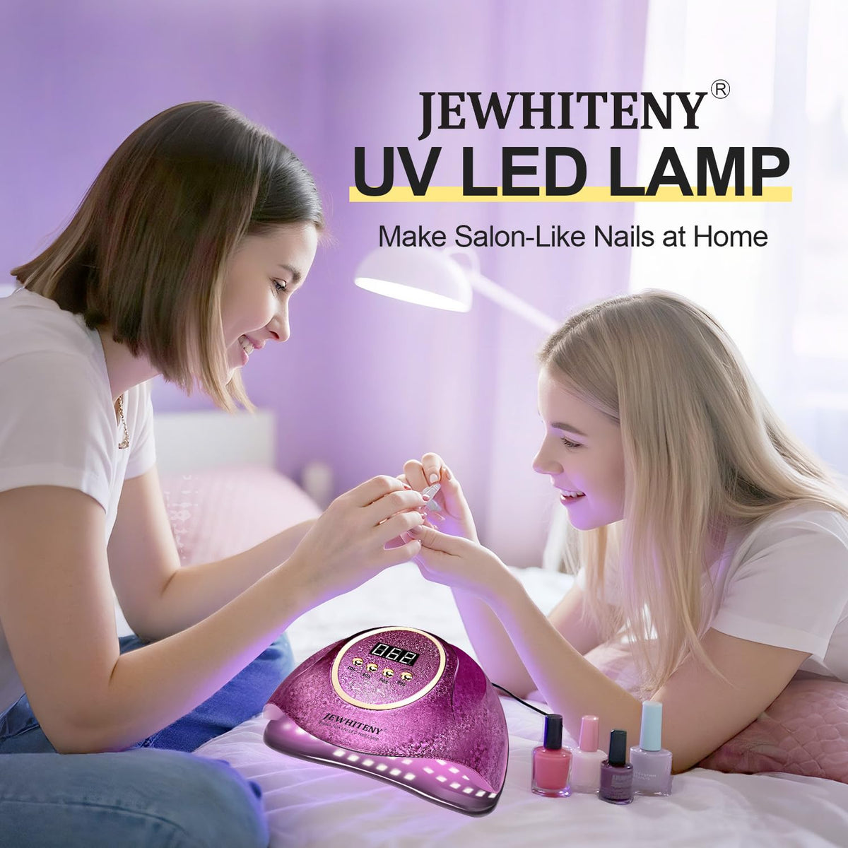 JEWHITENY Pink U V Nail Lamp in use during a manicure session.
