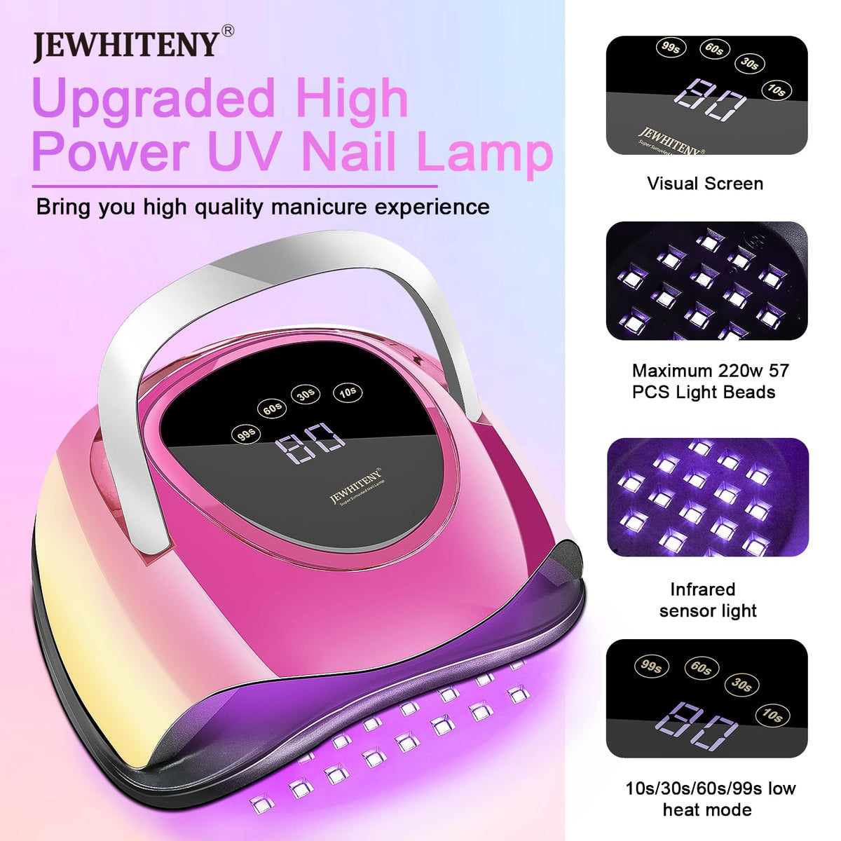 JEWHITENY UV nail lamp with a lightweight handle for easy transport.