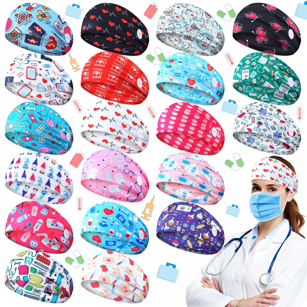 Jexine 20-pattern nurse headbands pack for versatile daily wear
