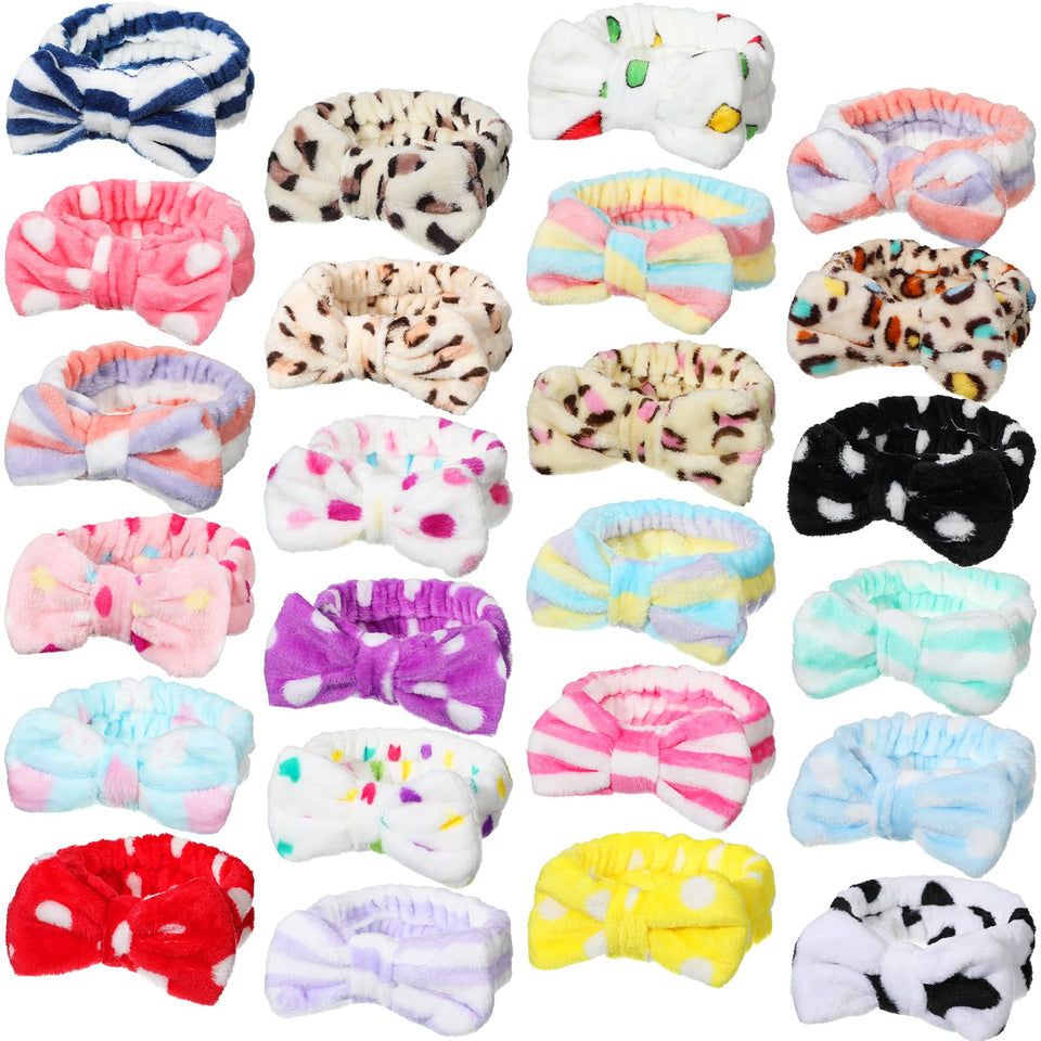 Jexine 24-pcs facial spa headbands in bow patterns for makeup and skincare.