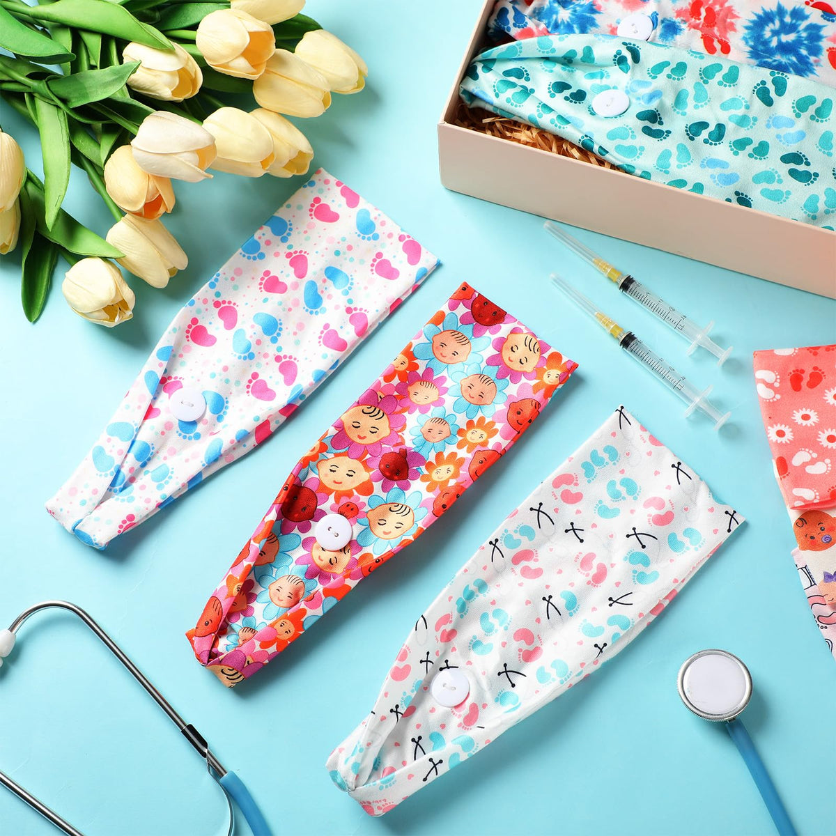 Jexine medicine-pattern headband keeps hair away from the face during care tasks.