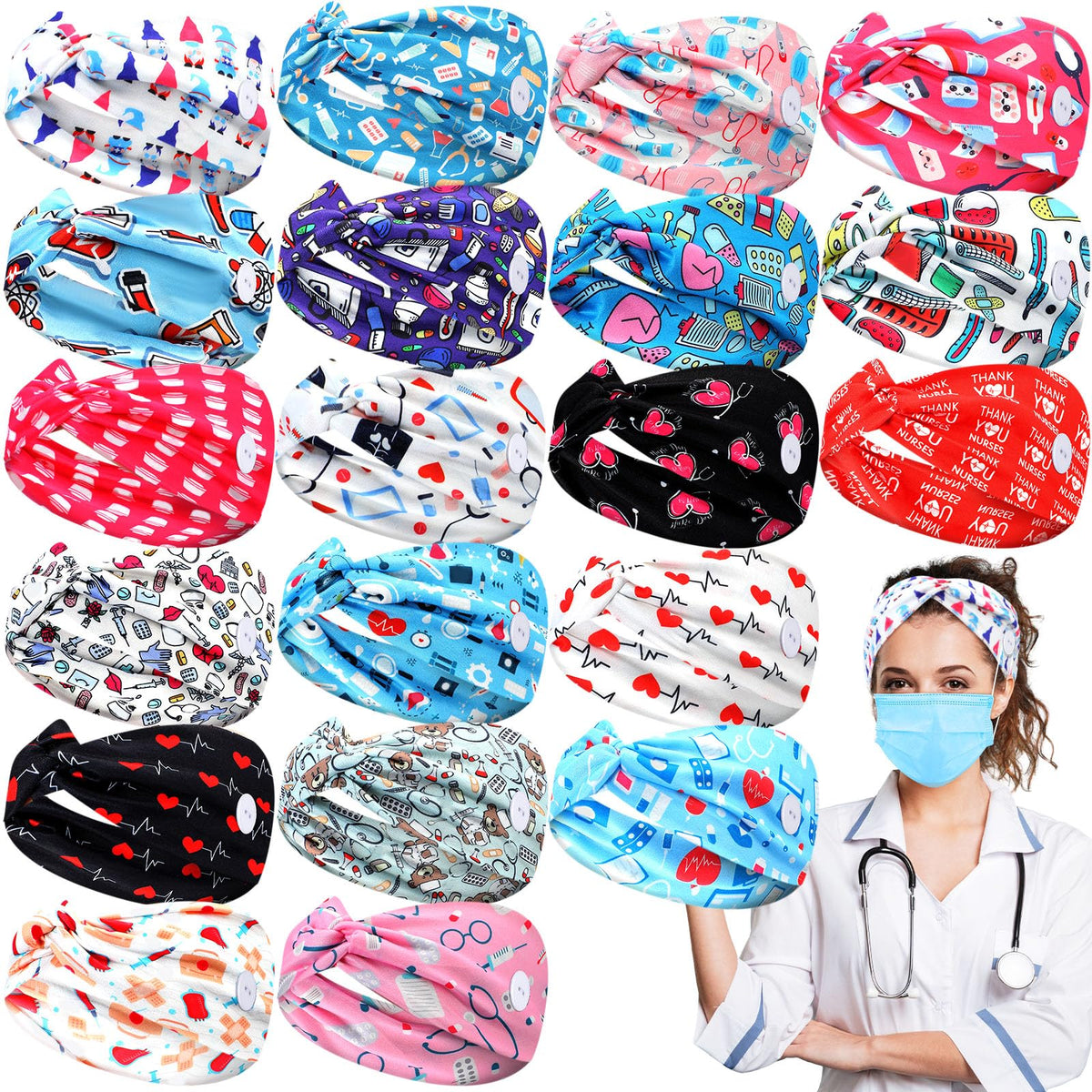 Jexine nurse headbands with buttons for masks, 20 patterns for daily use