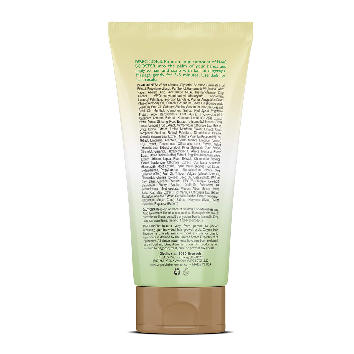 jf labs Organic Hair Energizer label front highlights an organic, cruelty-free formula.
