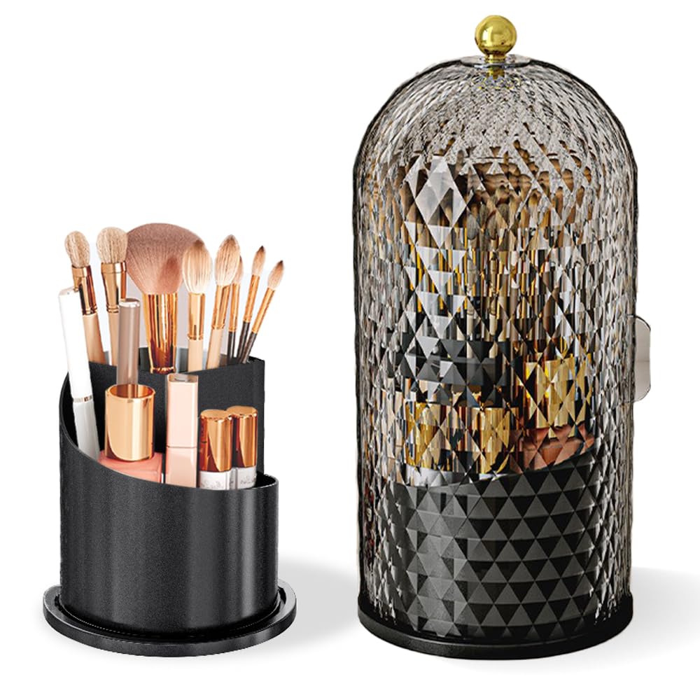 JIANGLAI makeup brush holder with lid keeps brushes dust-free and organized on your vanity.