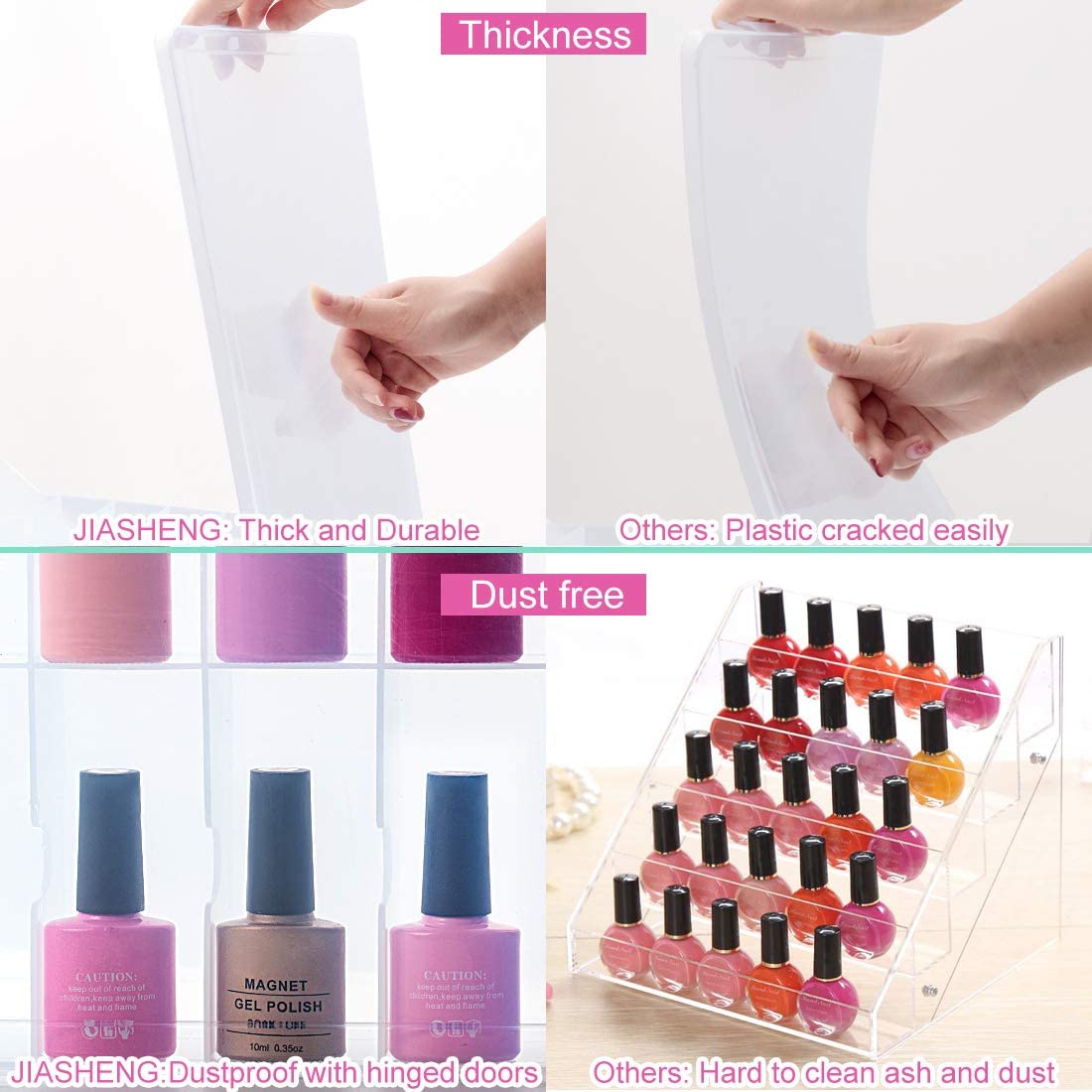 JIASHENG clear-nail-polish-storage-box side-access design keeps bottles visible