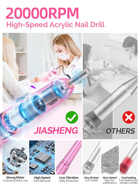 JIASHENG portable nail file kit shown in a compact home setup.