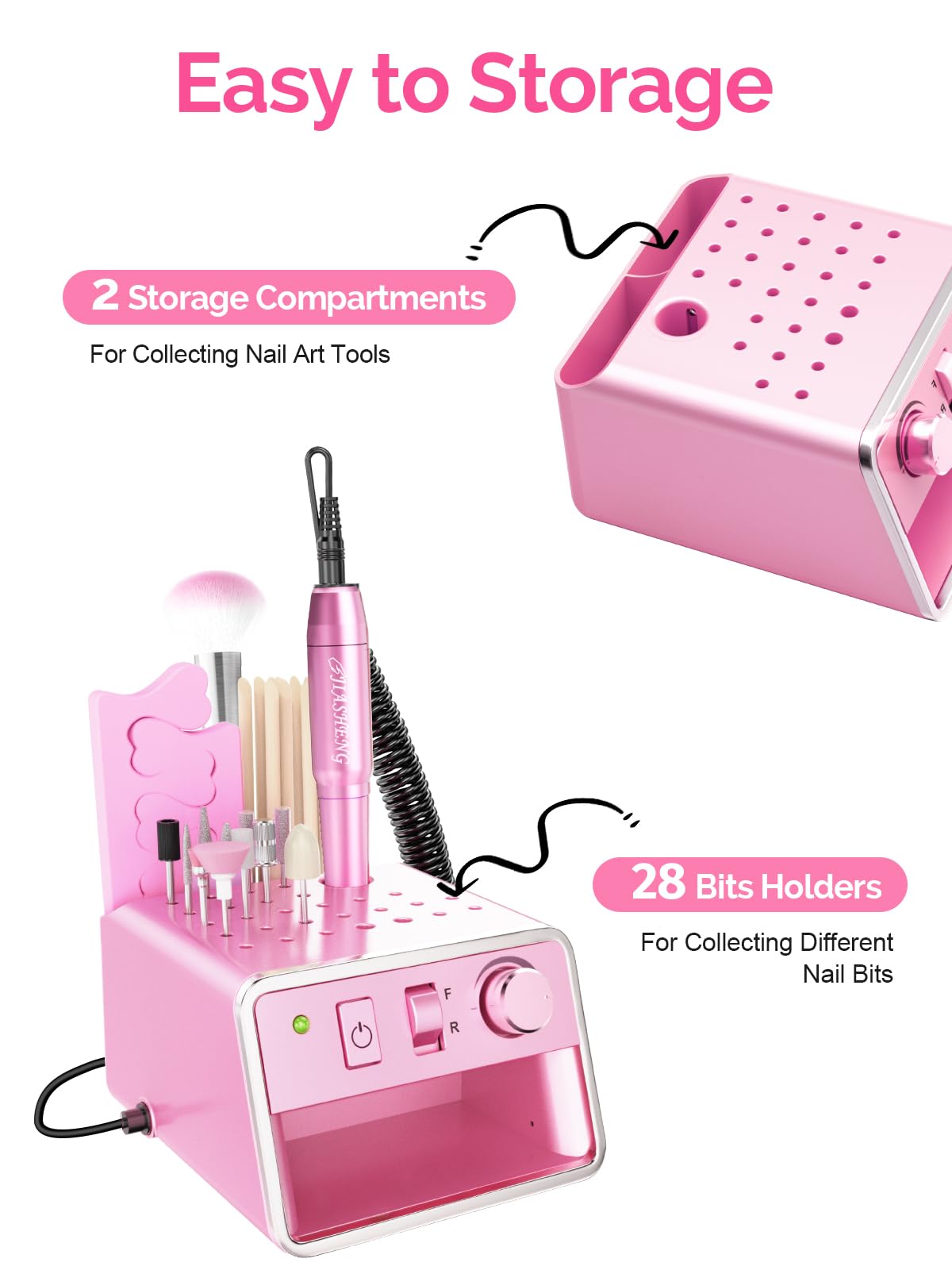 JIASHENG USB-powered nail drill connected to a power bank for on-the-go use.