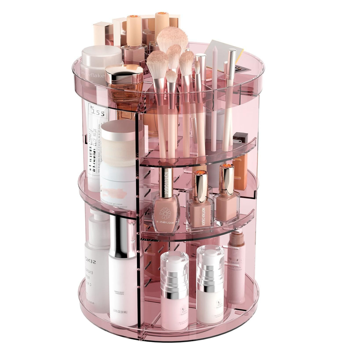 Jiavarry 360-rotation makeup organizer slot-top design keeps cosmetics organized and reachable.