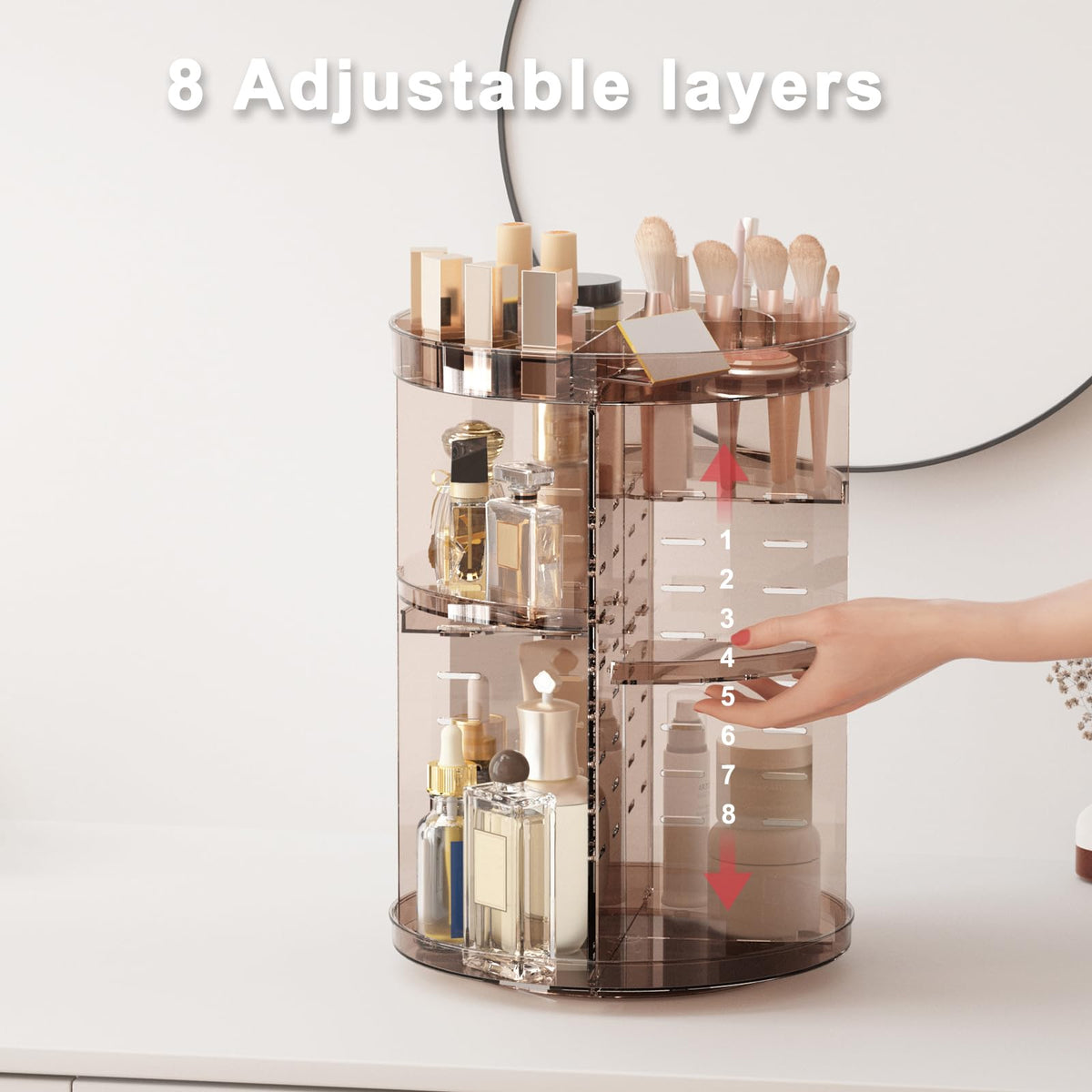 Jiavarry eight adjustable height layers customize storage for different products.