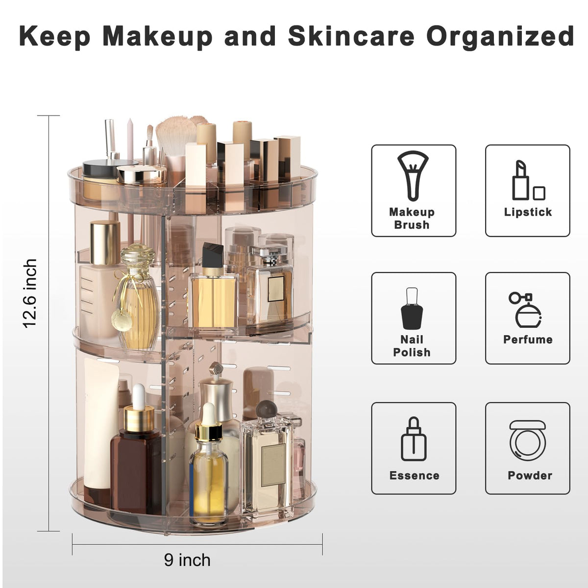 Jiavarry rotating organizer secures brushes and lipsticks during rotation.
