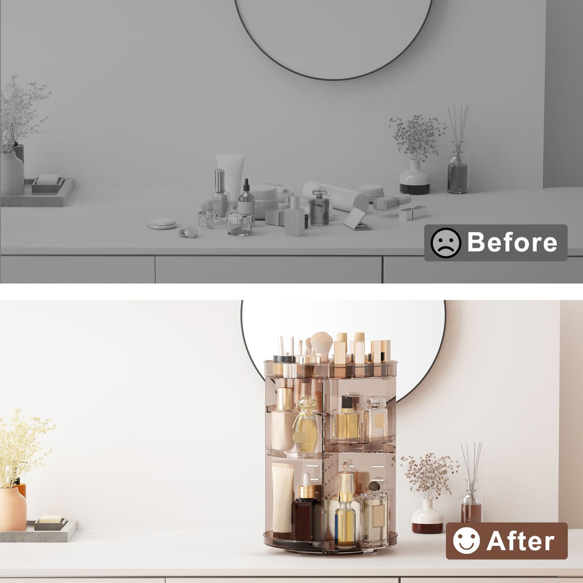 Jiavarry space-saving vanity organizer reduces clutter on a small dresser.