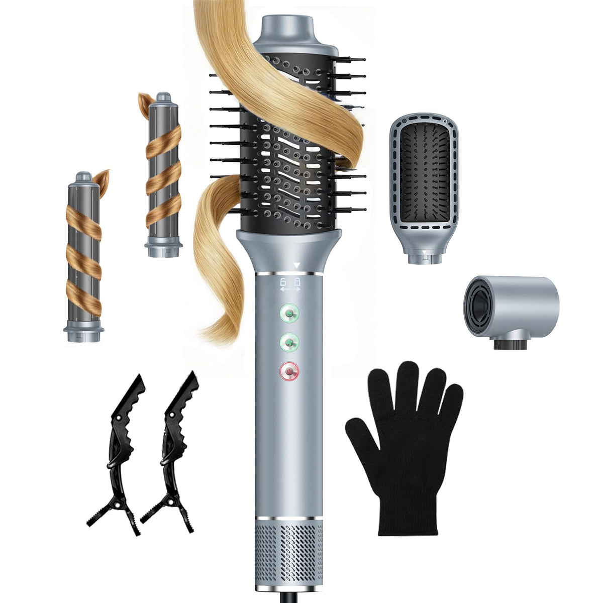 JIGGL 5-in-1 hot air styler front view showing all-in-one styling capability and speed.