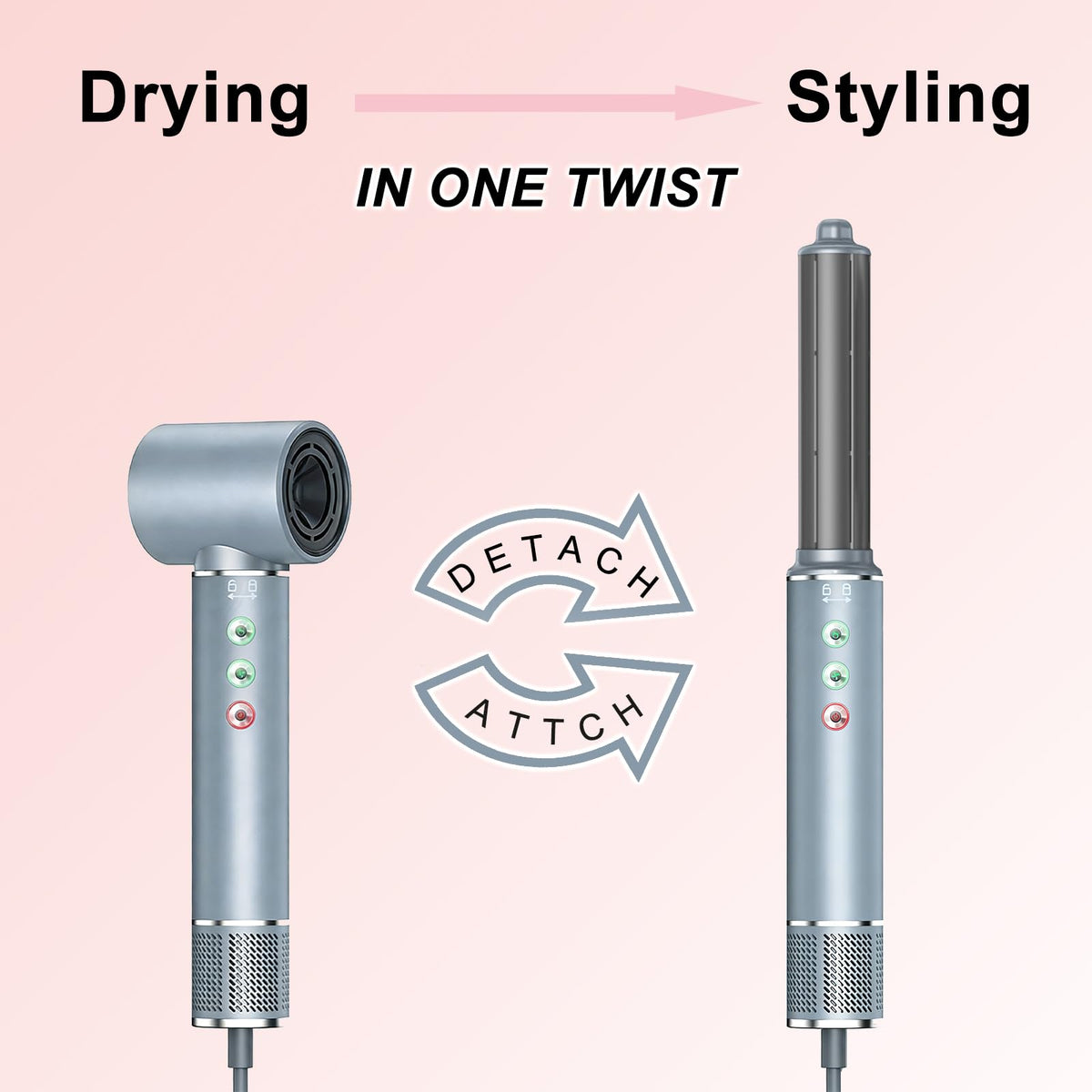JIGGL 5-in-1 negative ion technology reduces static and adds shine.