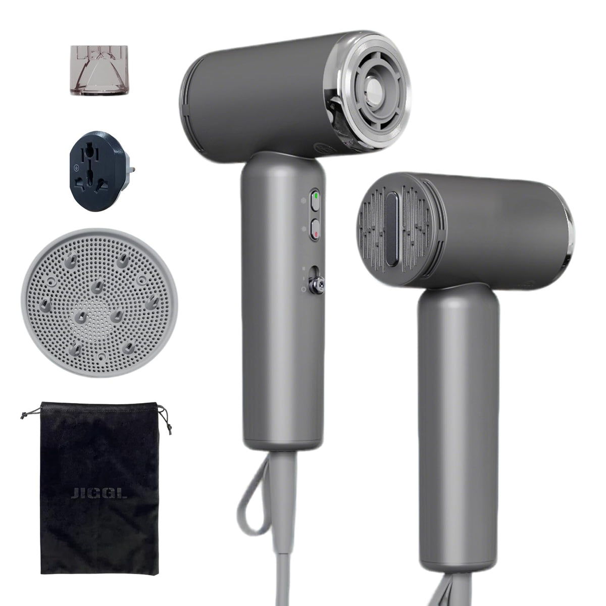 JIGGL mini travel dryer with diffuser attachment for defined curls on the go.