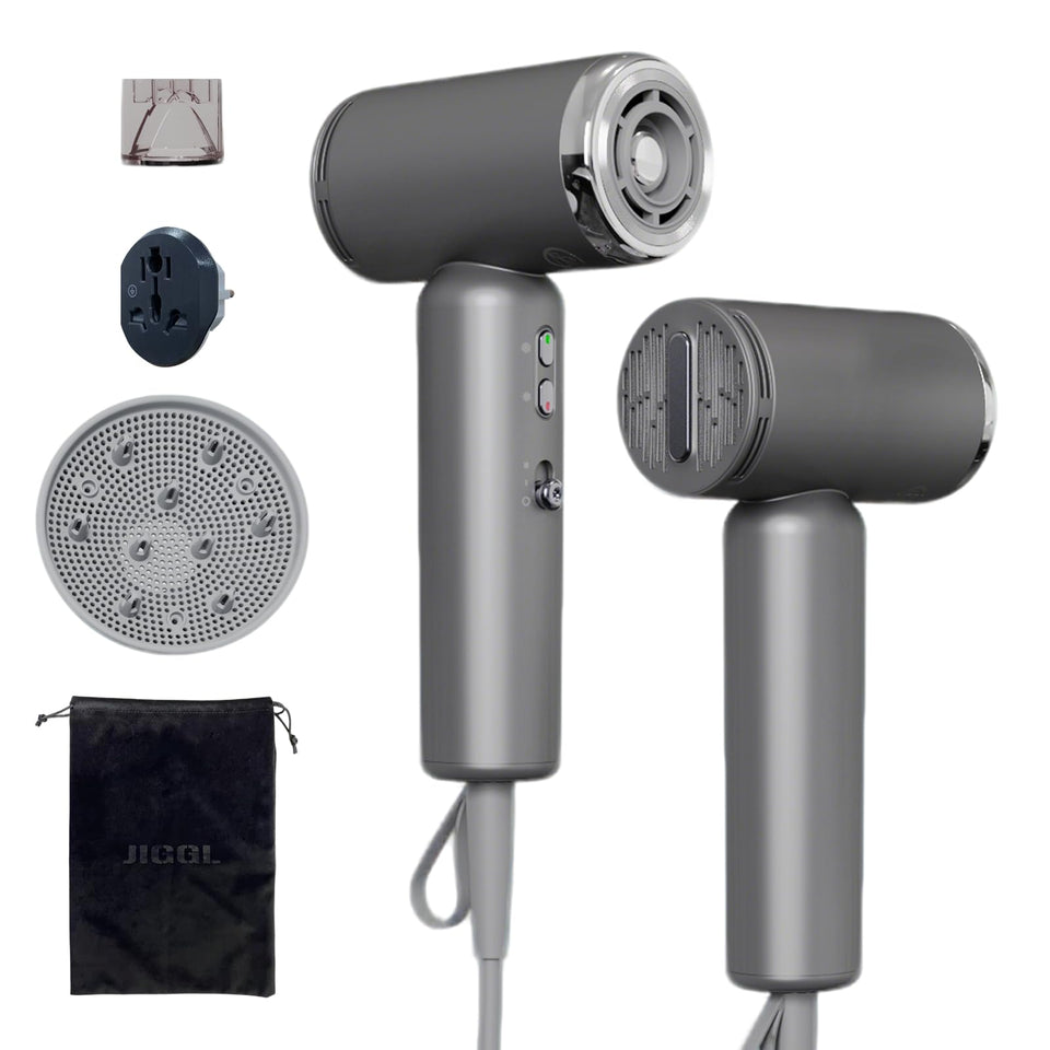 JIGGL mini travel dryer with diffuser attachment for defined curls on the go.