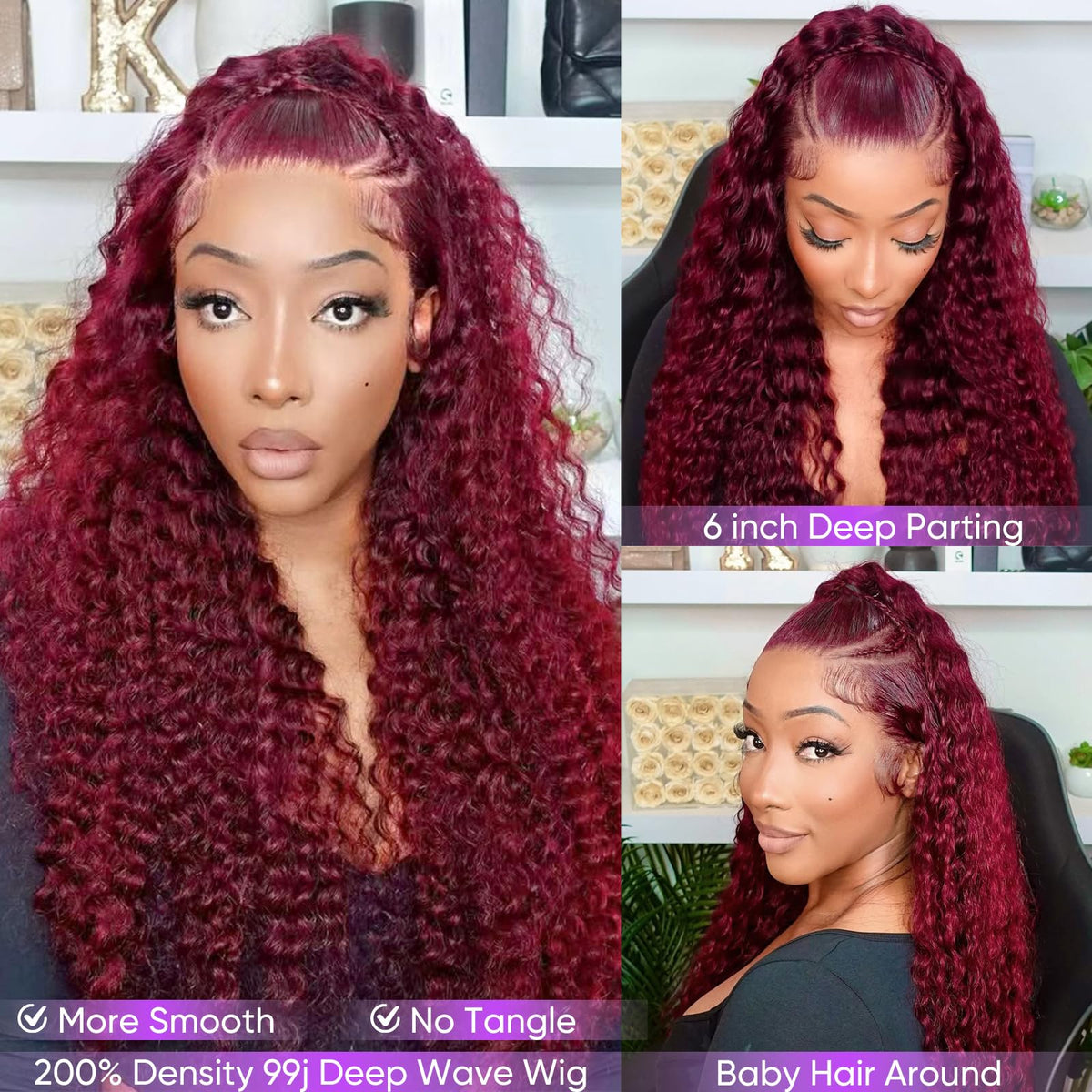 Jilho Burgundy Wig with pre-plucked natural hairline for easy styling.