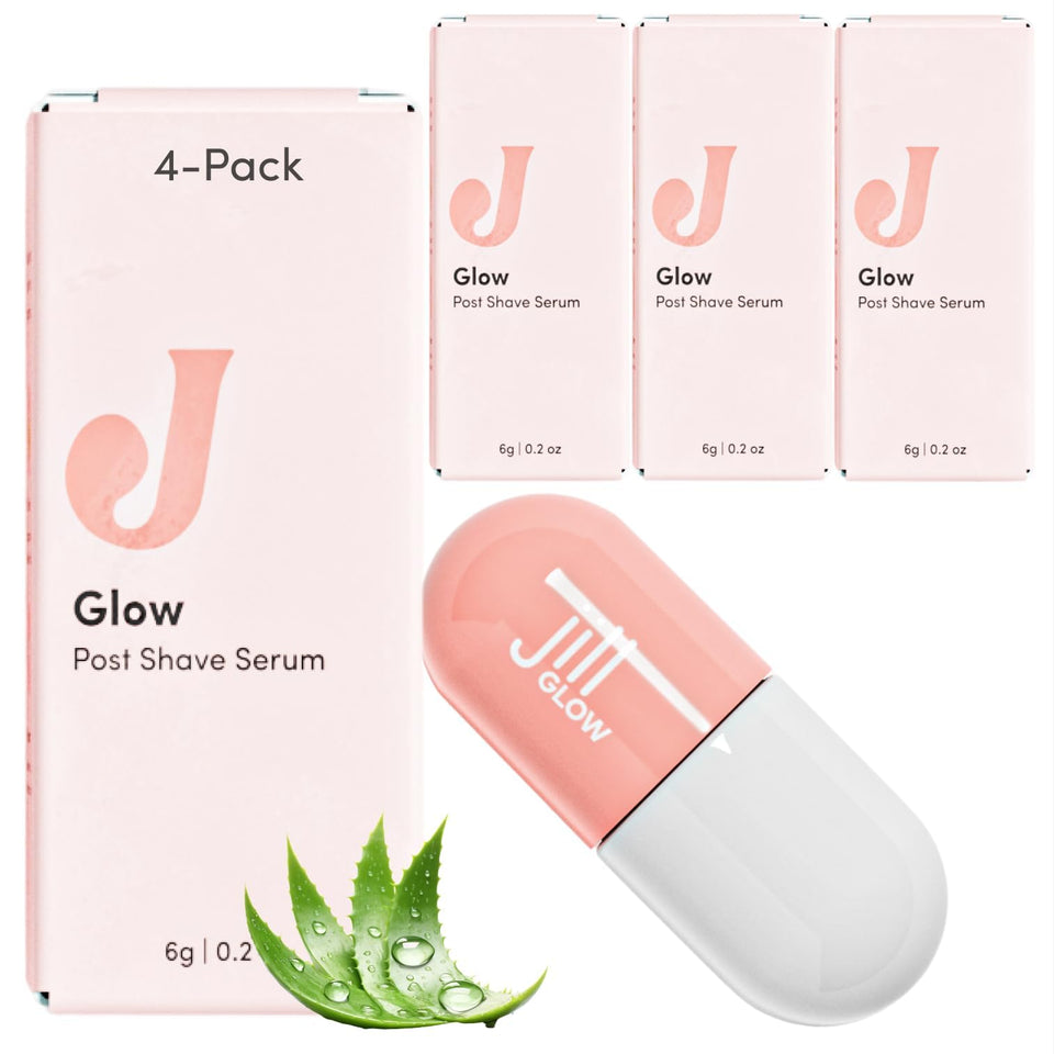 JILL Glow packaging showcases travel-friendly skincare for post-shave care.