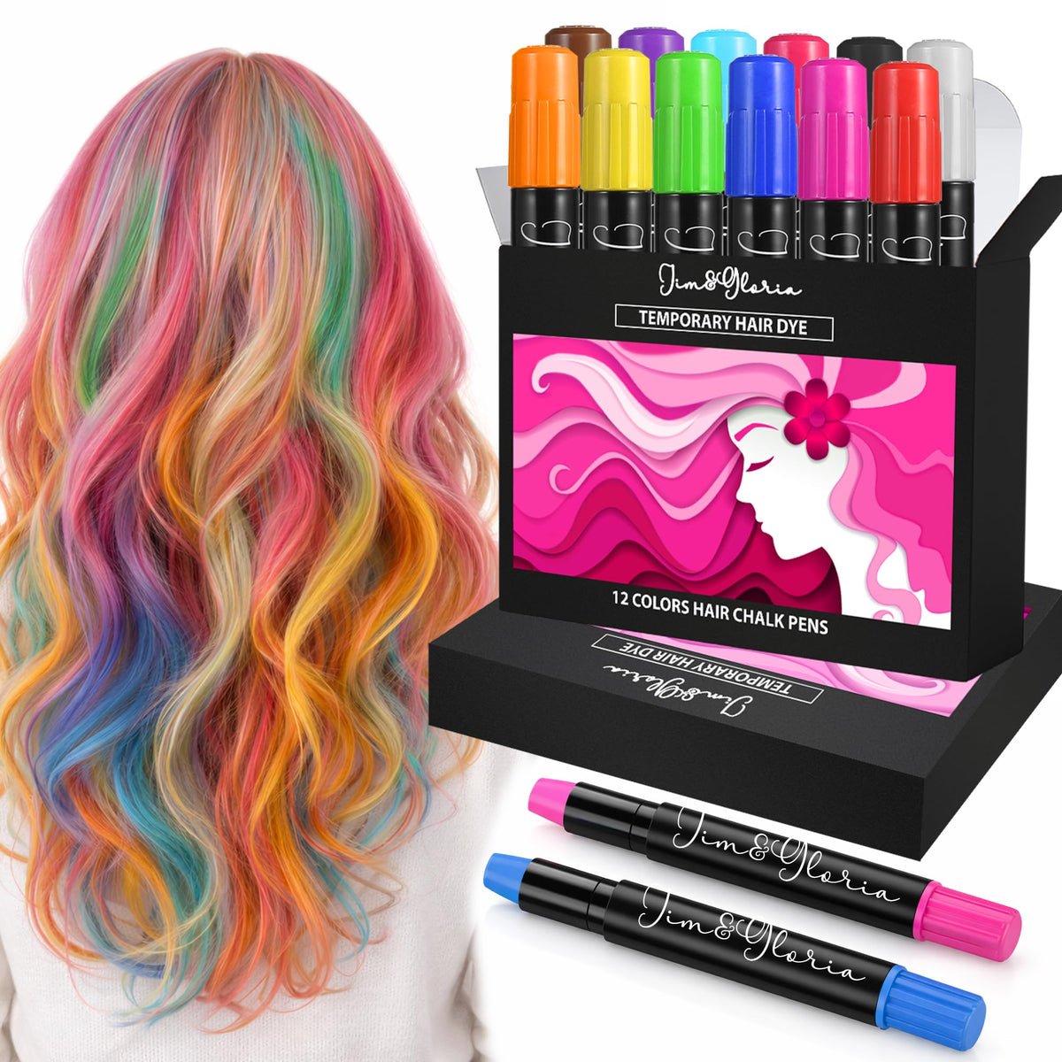 Jim&Gloria dustless hair chalk set with 12 washable colors.