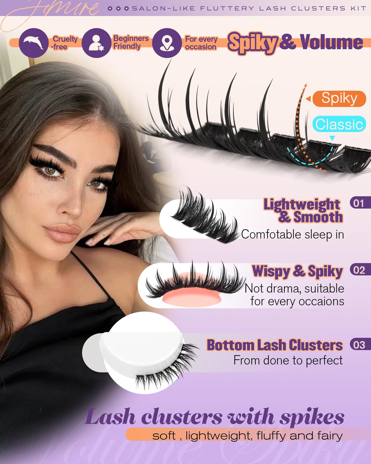 JIMIRE 3D feather-texture lash clusters for voluminous drama