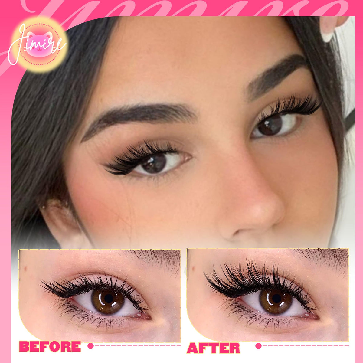 JIMIRE left-right eye design helps achieve balanced lash symmetry.