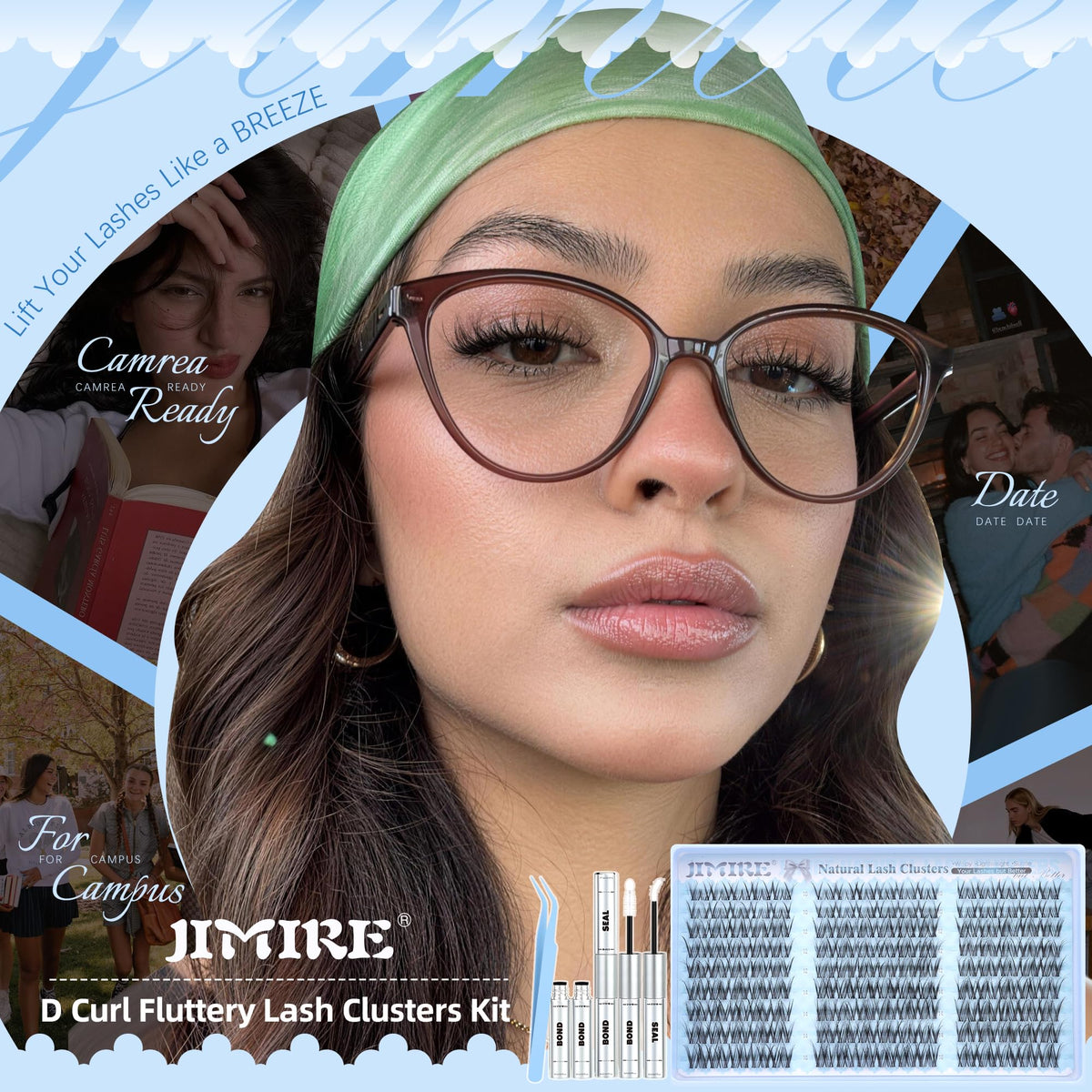 JIMIRE Spider Lash Clusters Kit: DCurl effect showing lifted eye look.