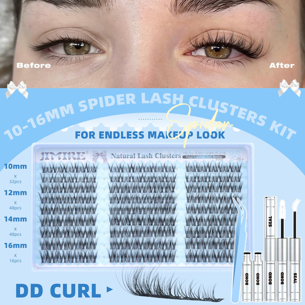 JIMIRE Spider Lash Clusters Kit: customizable lengths from 10 to 16 mm.