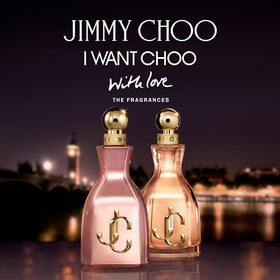 Jimmy Choo I Want Choo With Love rose-hibiscus graphic, suggesting fresh, vibrant notes for daytime wear.