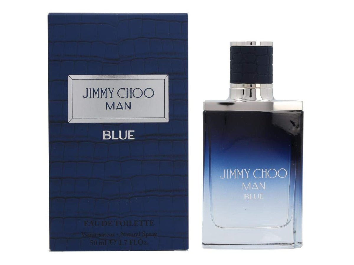 Jimmy Choo Man Blue label details highlight fragrance composition.