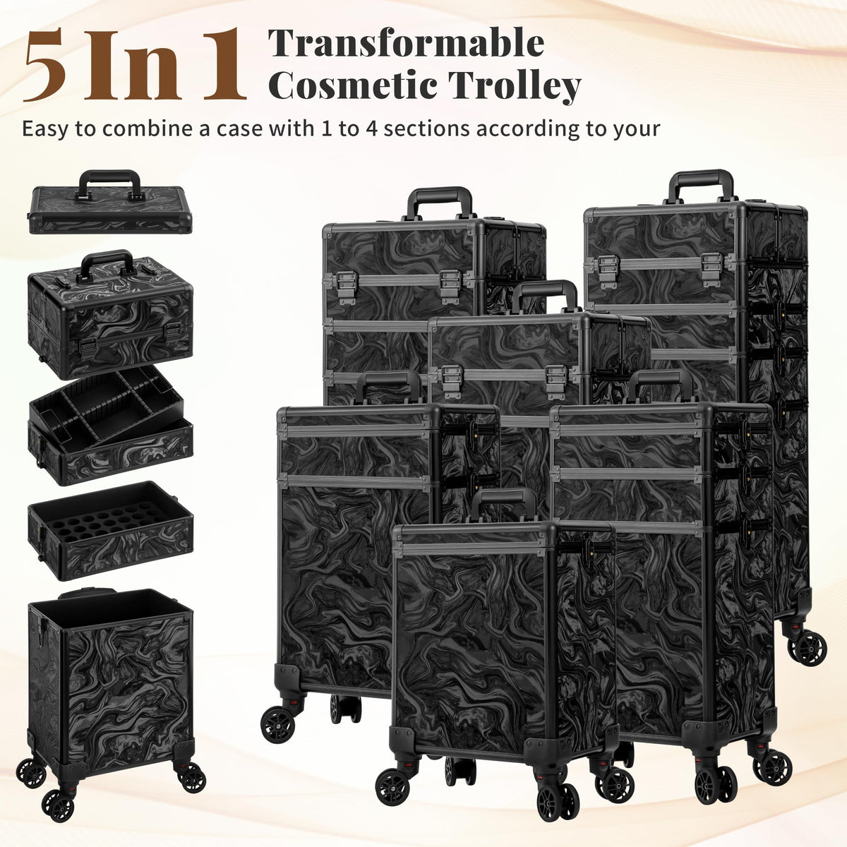 JINGUAN 5-in-1 cosmetic trolley transformable design for versatile setups.