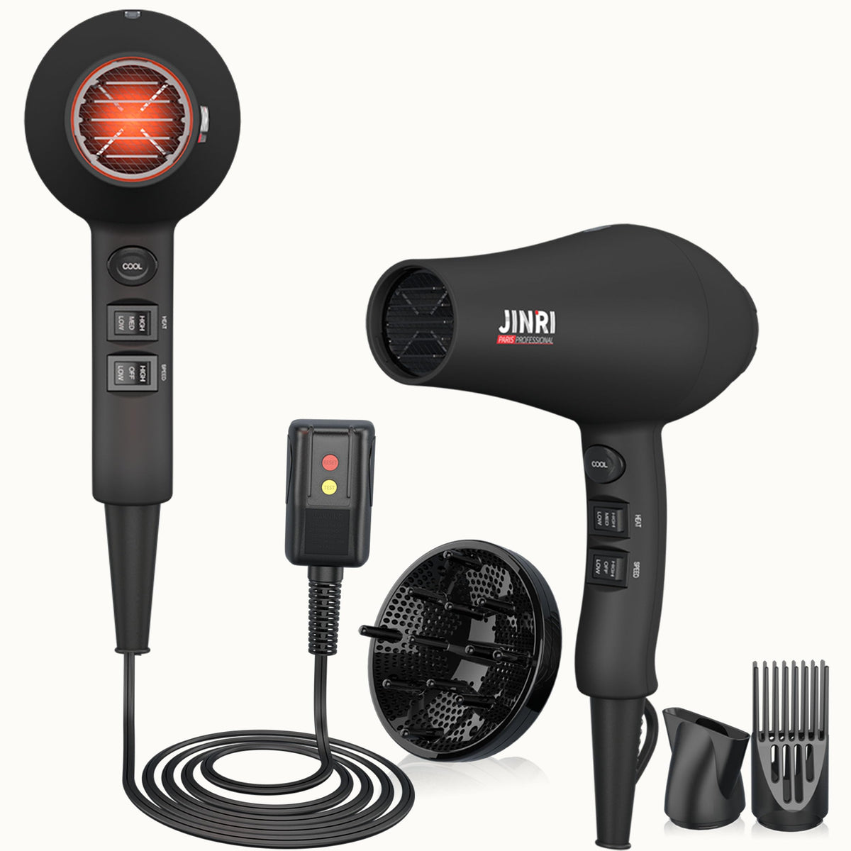 JINRI 1875W hair dryer with concentrator for precise straightening.