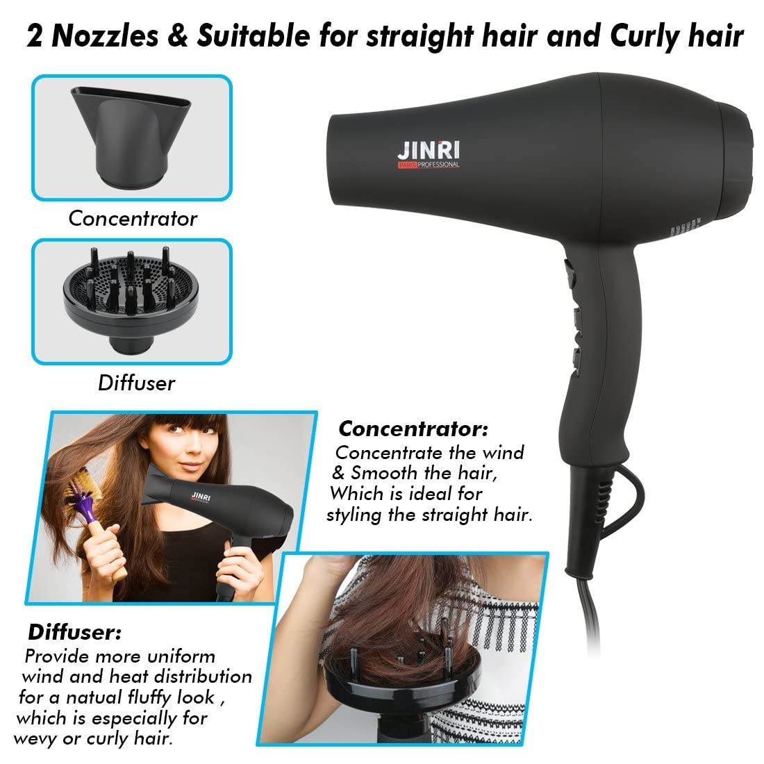 JINRI 1875W hair dryer cool shot to set styles and reduce frizz.