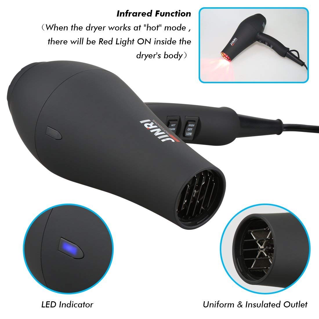 JINRI 1875W hair dryer with ionic infrared tech for smoother results.
