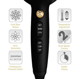 JINRI hair dryer control panel with 3 heat and 2 speed options