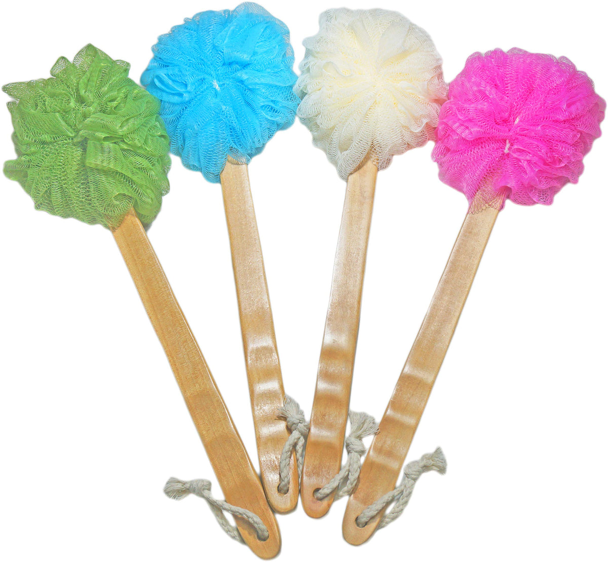 JINS-Hung 4-pack shower loofahs in four colors for a complete body cleanse