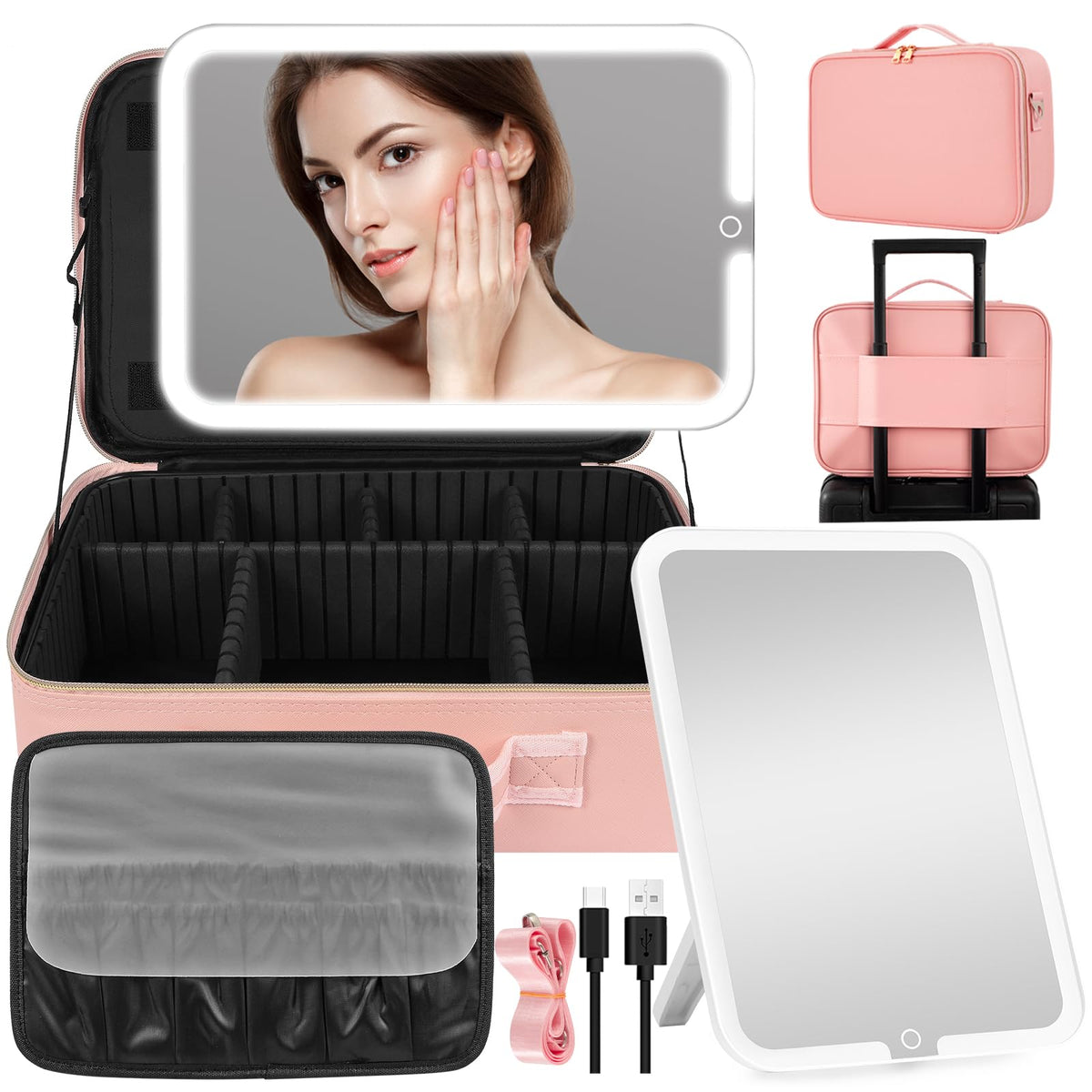 JJhxr lighted makeup bag with mirror for on-the-go bright makeup sessions.