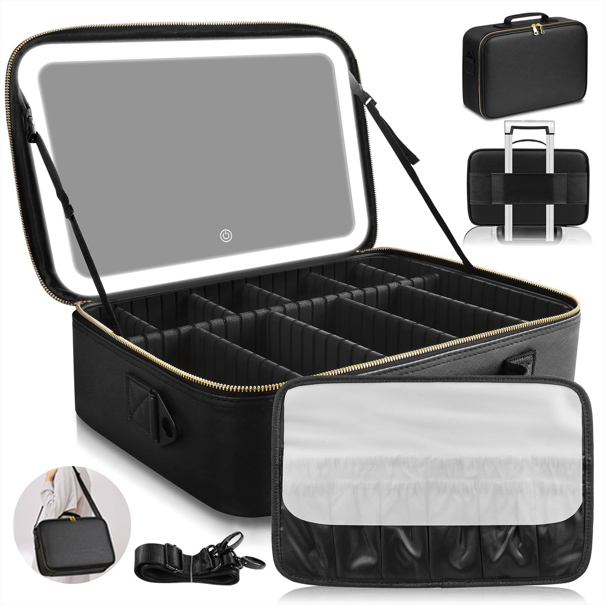 JJhxr makeup bag with LED mirror for on-the-go beauty routine.