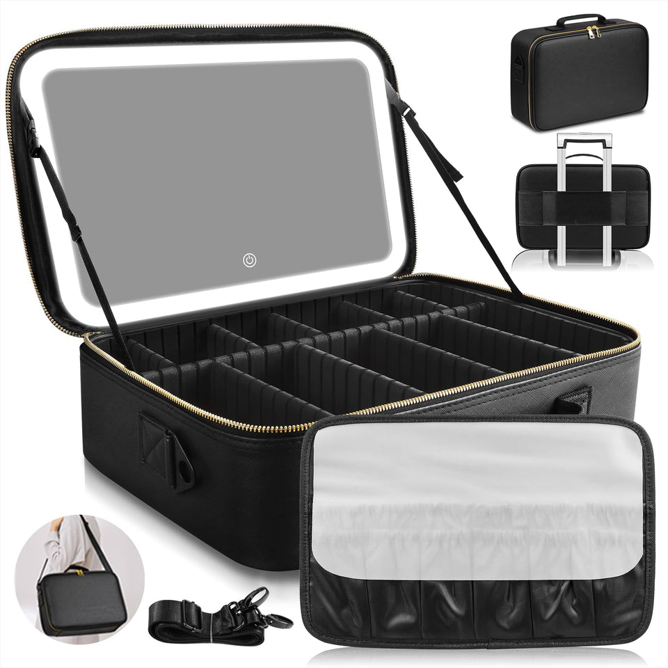 JJhxr makeup bag with LED mirror for on-the-go beauty routine.