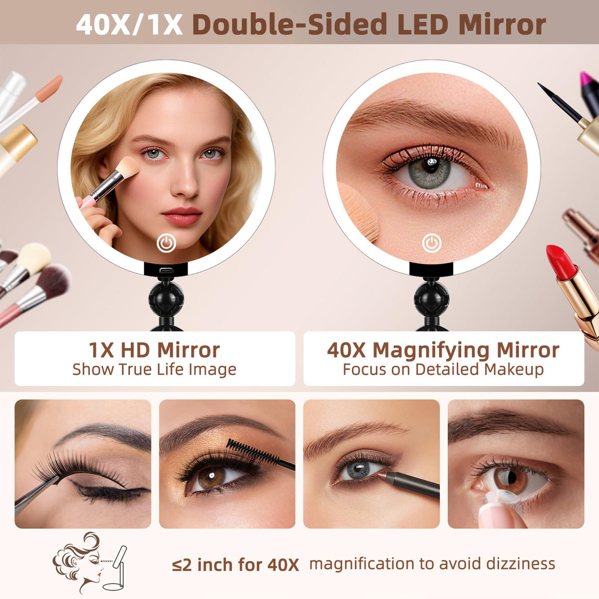 JJhxr 1500mAh rechargeable battery keeps the mirror ready on trips.