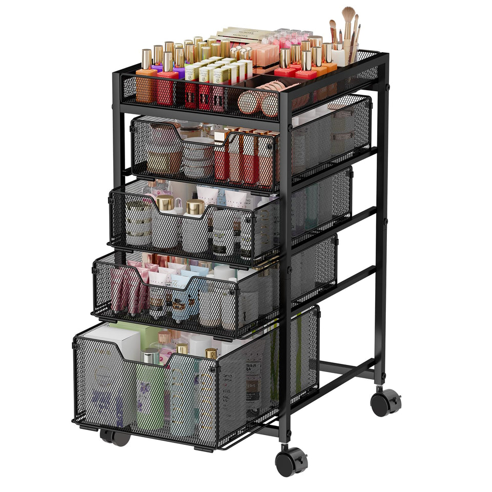 JKsmart 5-tier rolling makeup cart with four drawers for organized cosmetics on the go.