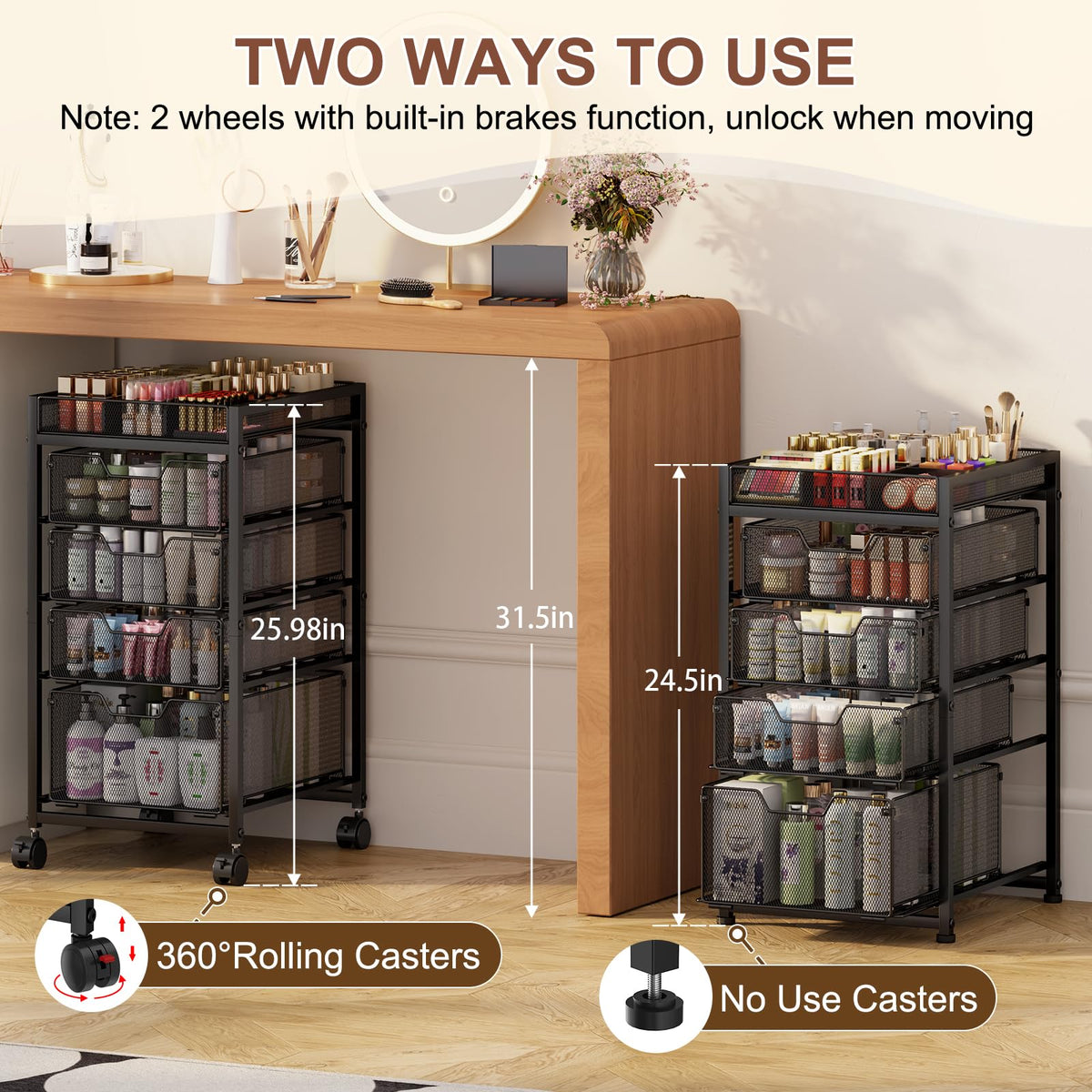 JKsmart makeup cart features 360° casters and brakes for easy repositioning.