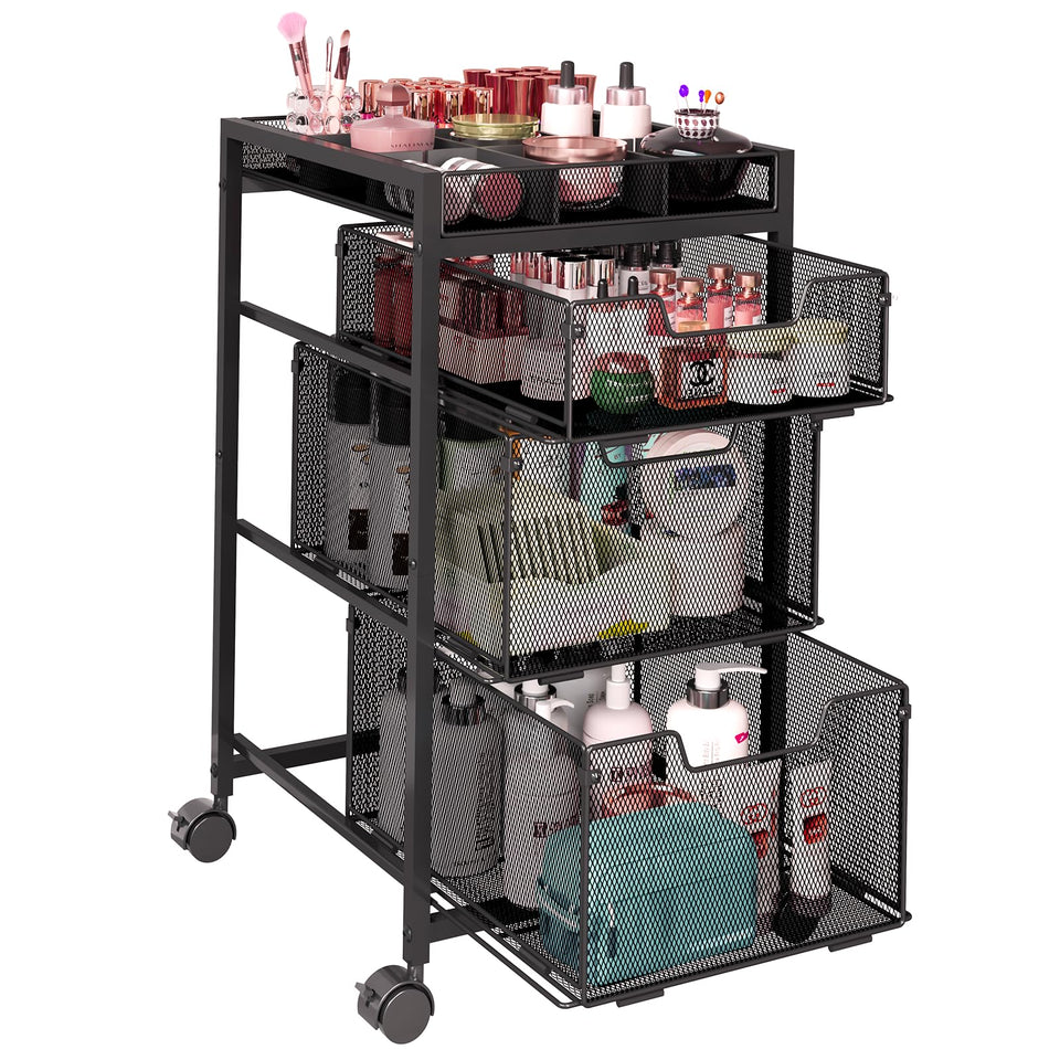JKsmart rolling makeup cart with three drawers for organized cosmetics storage.