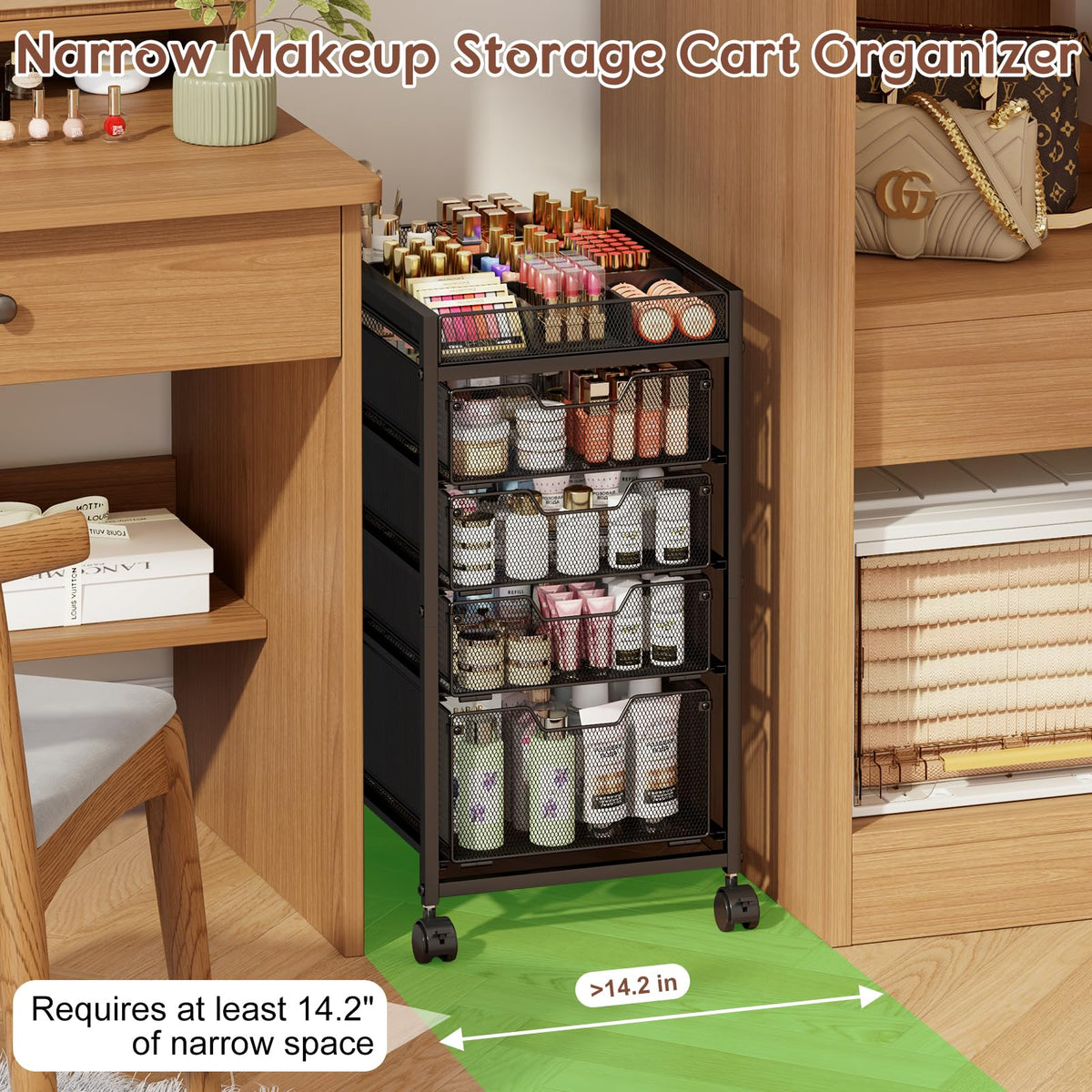 JKsmart cart with top dividers for flexible skincare and brush organization.