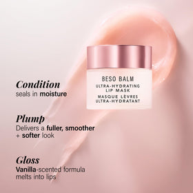 JLO Beauty Beso Balm Lip Mask provides a glossy finish while nourishing lips.
