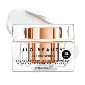 JLO BEAUTY Broad Spectrum SPF 30 moisturizer bottle offers daily sun protection and hydration.