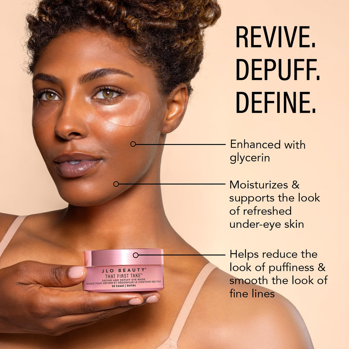 JLO Beauty hydrogel patches under-eye resting on skin for depuffing and brightness.