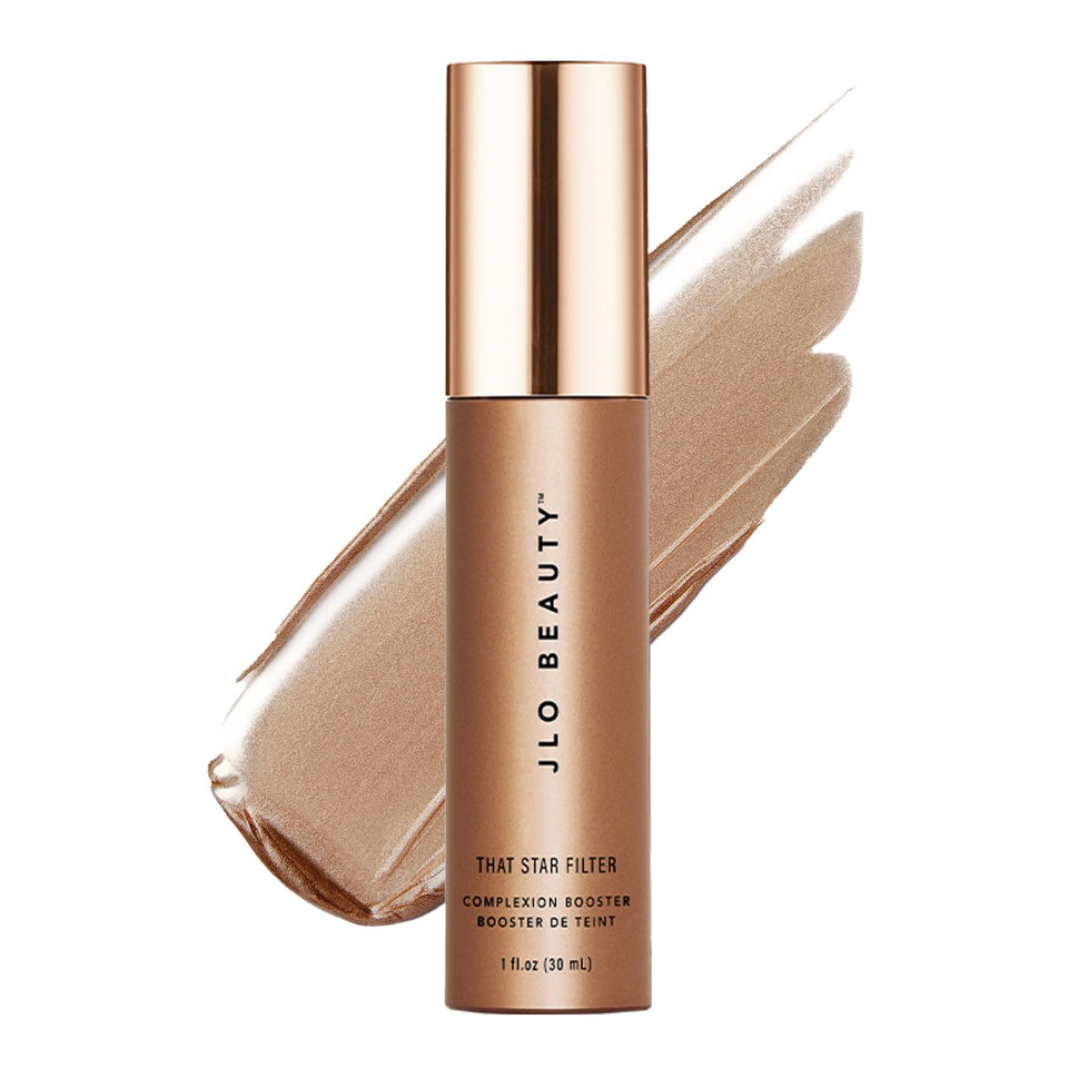 JLO Beauty Complexion Booster Rose Gold bottle showing radiant glow on skin