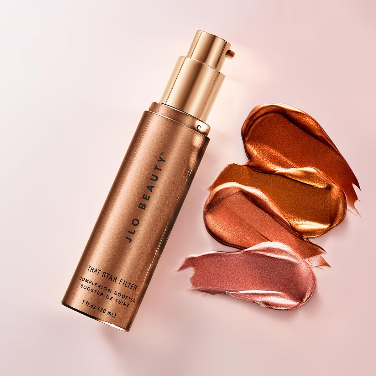 JLO Beauty Complexion Booster Rose Gold packaging detail emphasizes premium design