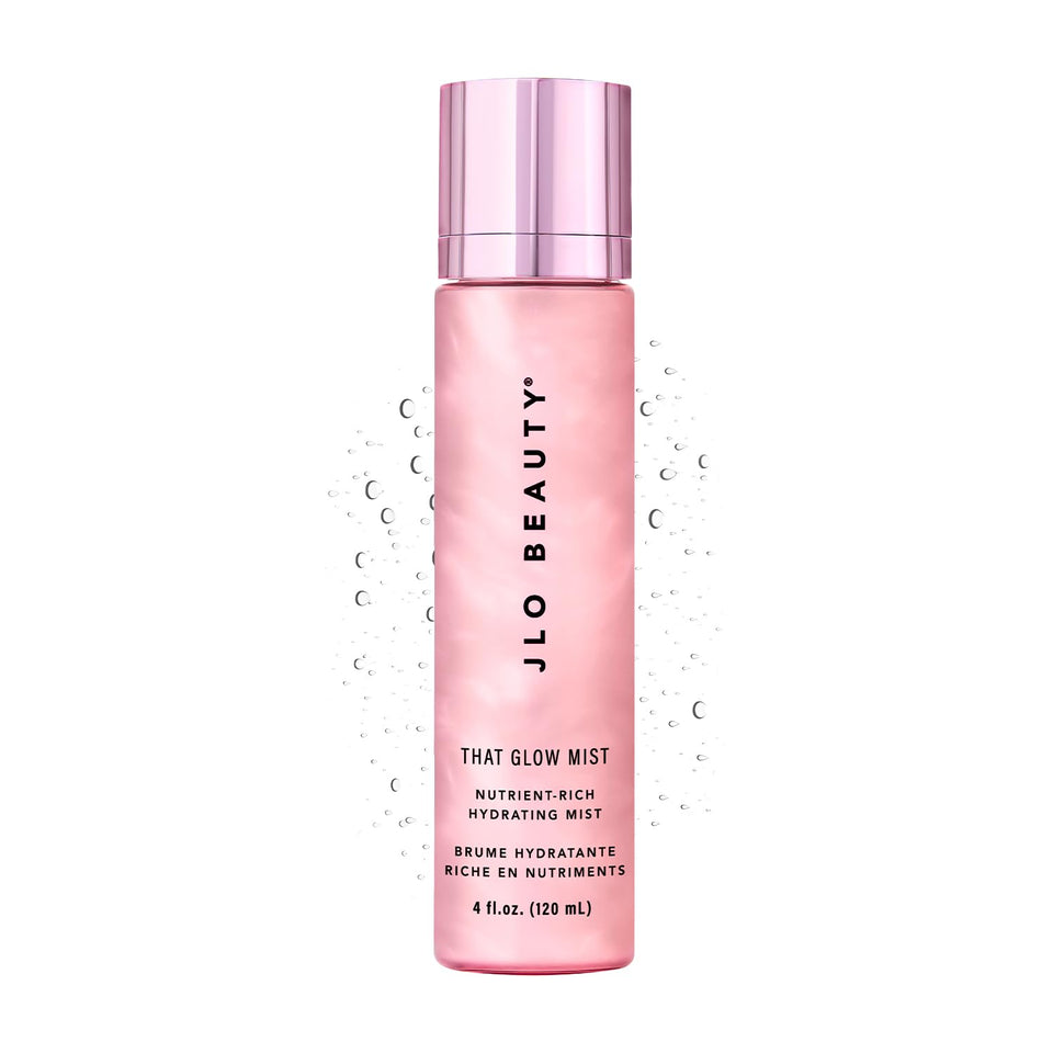 JLO Beauty That Glow Mist bottle showcases sleek design for instant hydration on the go.