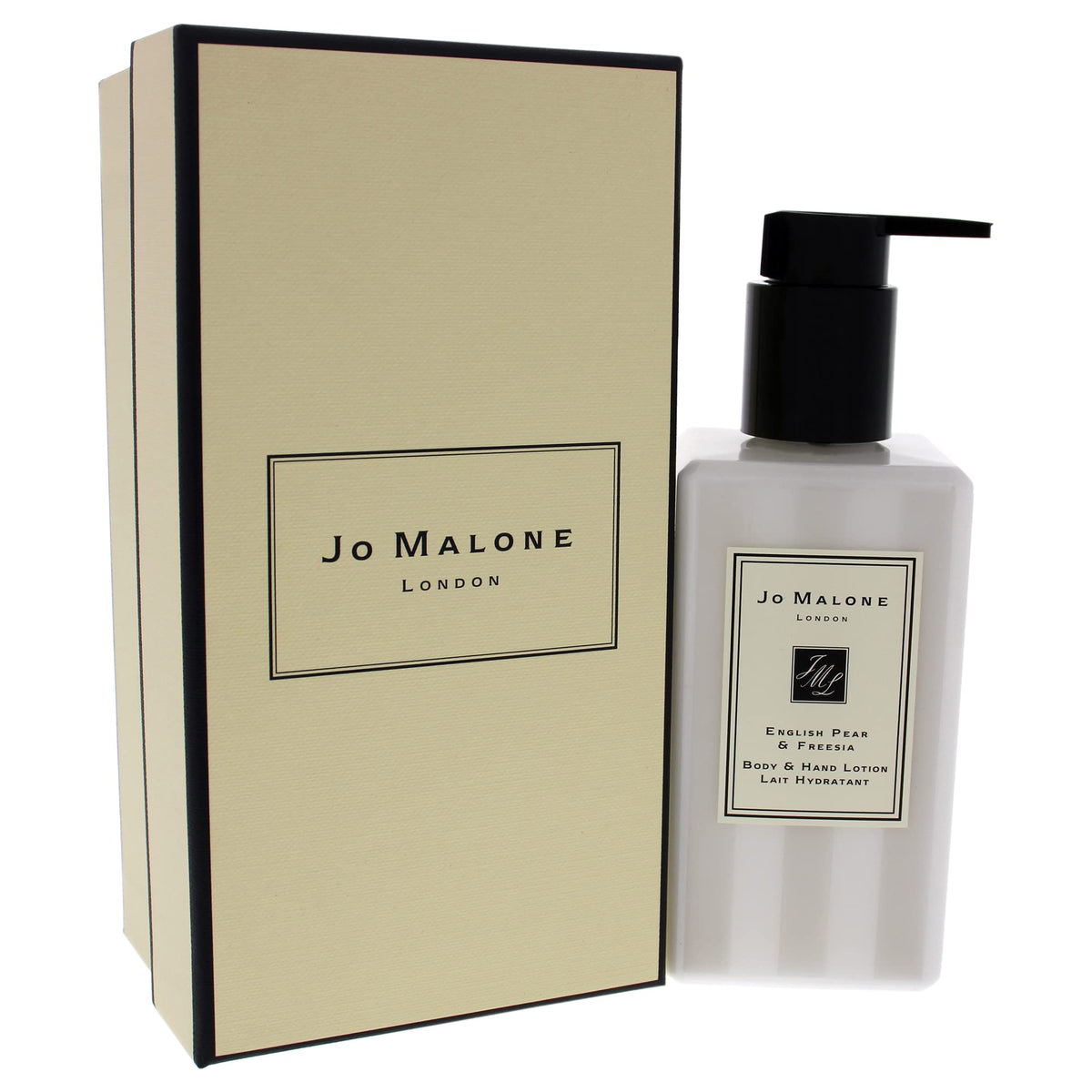 Jo Malone English Pear and Freesia lotion texture close-up highlights silky absorption.
